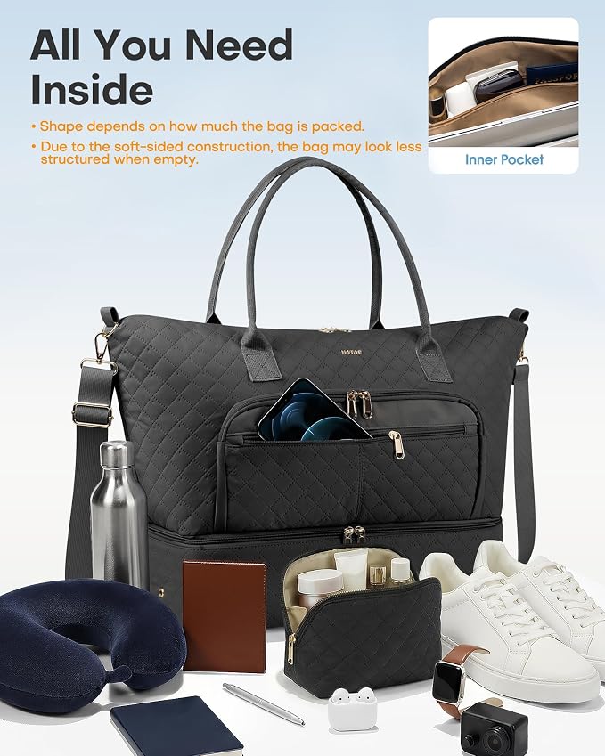 HOTOR Travel Duffle Bag for Women - Carry on Bag with Toiletry Pouch & Shoe Compartment, Large Overnight Weekender Bags for Gym, Business Trips, Sports and Hospital, Black, 17.3" x 7.9" x 13.4" - Image 2