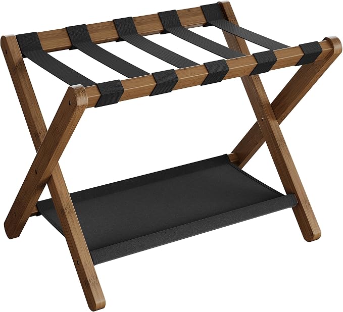 SONGMICS Luggage Rack, Folding Suitcase Stand with Storage Shelf, for Guest Room, Hotel, Bedroom, Heavy-Duty, Holds up to 131 lb, Walnut Brown URLR007D01 by Unknown