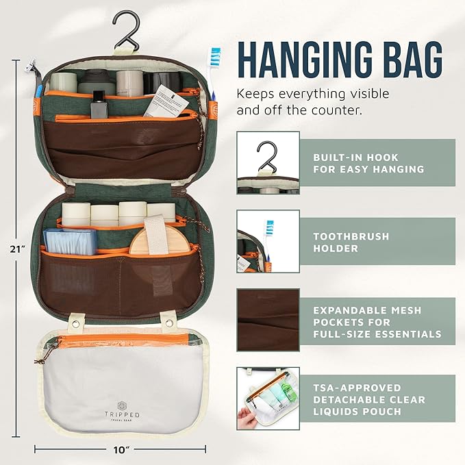 Toiletry Bag Kit 3 Piece Set: Hanging Travel Toiletry Bag + 311 TSA Cosmetic Liquid Bag + Accessory Organizer Pouch - Image 3