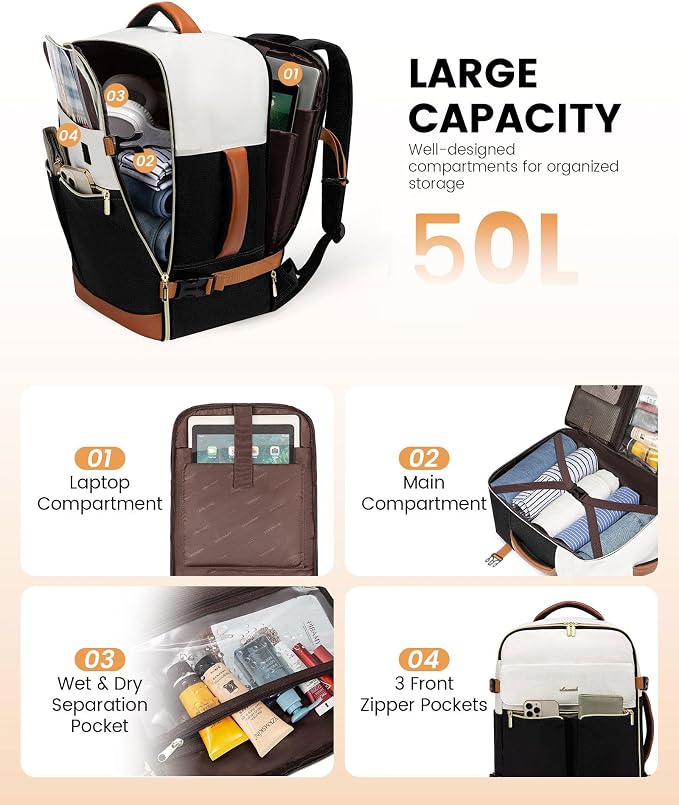 LOVEVOOK Travel Backpack for Women, TSA Carry On Backpack Flight Approved Luggage, 50L Water Resistant Personal Item Daypack Large Weekender Bag fit 18 inch Laptop with 3 Cubes, Beige-black-brown - Image 3