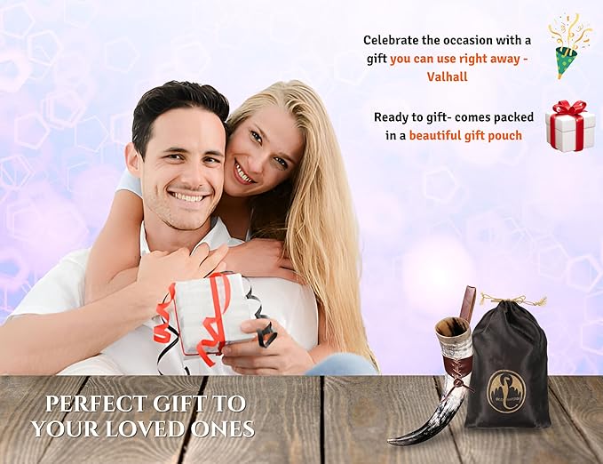 OLDEMPEROR Viking Drinking Horn - 12 Inch with Leather Holster | Handmade Beer Cup | Food Grade | Genuine Ox Horn | Natural Shine Finish | LARP | Viking Chirstmas Gifts for Men & Women