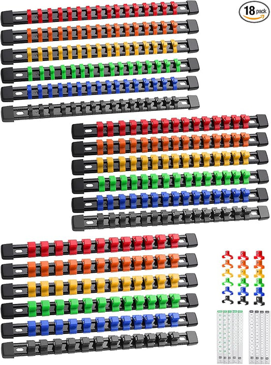 ALOANES 18PC Socket Organizer, Socket Rails Fit 1/2", 1/4" and 3/8" Drive | Portable Heavy Duty ABS Socket Holders Hold up 258 Sockets for Toolbox Drawer Bags(6 Color) by Aloanes