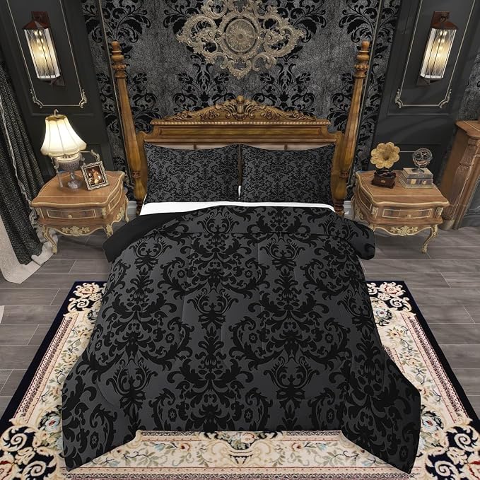 Erosebridal Adults Black Damask Bedding Set Antique Victorian Baroque Down Comforter King Gothic Vintage Floral Comforter Set Bohemian Exotic Bedding Quilted Grey Bedroom Decor 2 Pillow Cases - Image 3