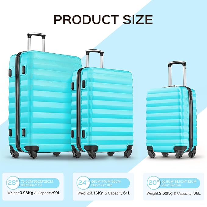 Suitour Luggage Sets 3 Piece Carry On Luggage with Spinner Wheels ABS Hard Case Travel Suitcase Set(20/24/28 inch) 6 PC Packing Bags & Drawstring Backpack - Image 2