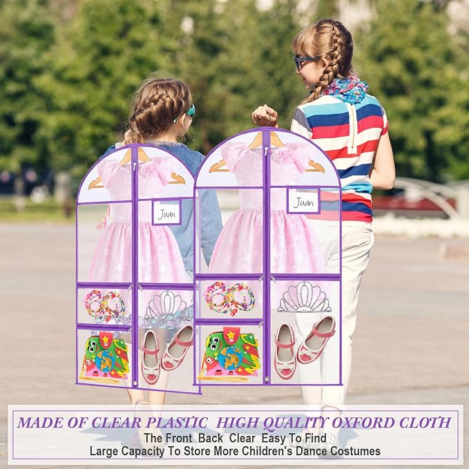 FoldTier 8 Pcs Dance Costume Garment Bag for Dancers 40 Inch Purple Edge Clear PVC Waterproof Garment Bag with 3 Zipper Pockets for Dancers Competitions Hanging Clothes - Image 4