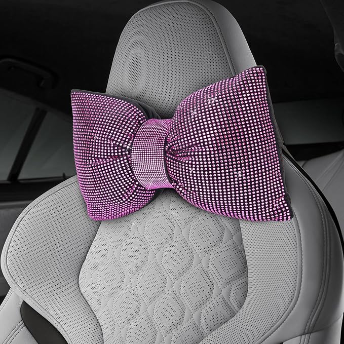 2 PCS Bling Car Pillows,Rhinestones Bowknot Car Headrest Pillow,Pink | Car Neck Pillow for Driver Relax Neck Support,Sleeping Travel Support Neck Pillow,Diamond Interior Accessories for Women - Image 4
