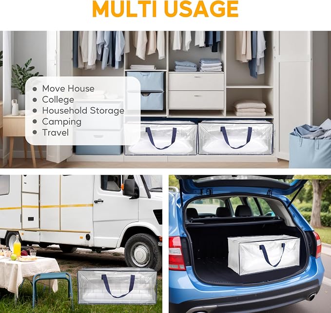 HealSmart 10 Pack Extra Large Moving Bags with Zippers & Carrying Handles, Heavy-Duty Storage Tote Moving Boxes for Dorm Room Essentials Storage Bags, Clear - Image 7
