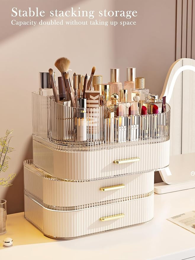 360° Rotating Makeup Organizer with Drawer, Clear Acrylic Cosmetic Storage Display, Stackable Beauty Counter (Clear, Large (Tray + 1 Drawer)) - Image 5