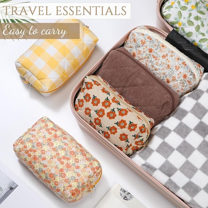 Paterr 10 Pcs Quilted Makeup Bag Bulk Cotton Floral Cosmetic Bag Women Girls Bridesmaid Gifts Cute Makeup Pouch Coquette Aesthetic Travel Toiletry Organizer(Yellow Floral,7.87 x 4.72 x 3.15 Inches) - Image 6