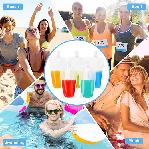 Patelai 150 Pieces Plastic Liquid Pouch Reusable Juice Pouches Travel Water Leak Proof Bags Bulk with Collapsible Silicone Funnel for Travel Outdoor (10 oz) - Image 7
