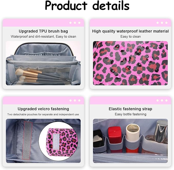 BOYATU Travel Makeup Bags Cosmetic Organizer Bag: 3 Pcs Set Large Capacity Make up Bag with Compartments - Waterproof Leather Toiletry Bags with Handle for Women (B-Red) - Image 5