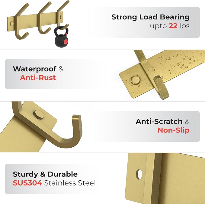 Brushed Gold Small Coat Rack Wall Mount – 9 Inch Stainless Steel Rail with 3 Double Coat Hooks for Entryway, Bathroom, Bedroom, Kitchen – Modern Gold Hook Rack for Coats, Hats, Towels - Image 3
