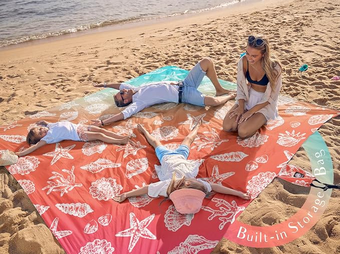 WEKAPO Beach Blanket Waterproof Sandproof Oversized, Extra Large Beach Mat Sand Free, Lightweight & Compact Sand Free Mat with 5 Stakes & 4 Corner Pockets - Image 3