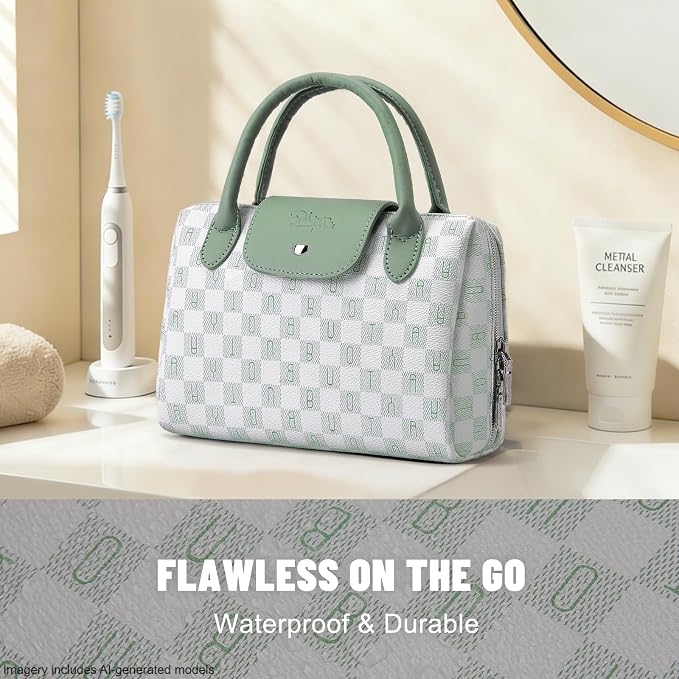 BOYATU Checkered Makeup Bag Organizer with Handle: Large Travel Cosmetic Bag Holds 10+ 100ml Full-Size Bottles for Date & Trip - Waterproof Leather Toiletry Pouch 3-sec Touch-up for Chic Woman(Green) - Image 3
