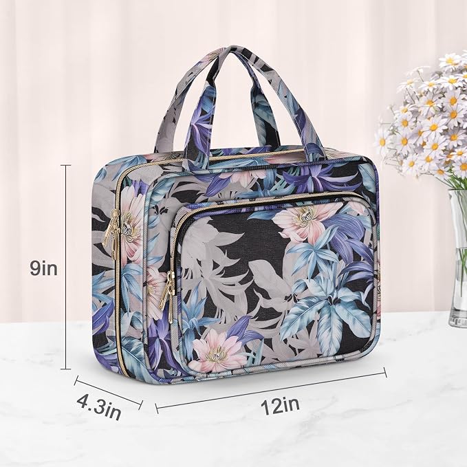 Wedama Toiletry Bag for Women, Large Cosmetic Travel Bag, Hanging Toiletry Bag for Bathroom, PVC Waterproof Makeup Bag, Toiletries Bag for Travel Business Trips and Camping, Black+Brown Floral - Image 6