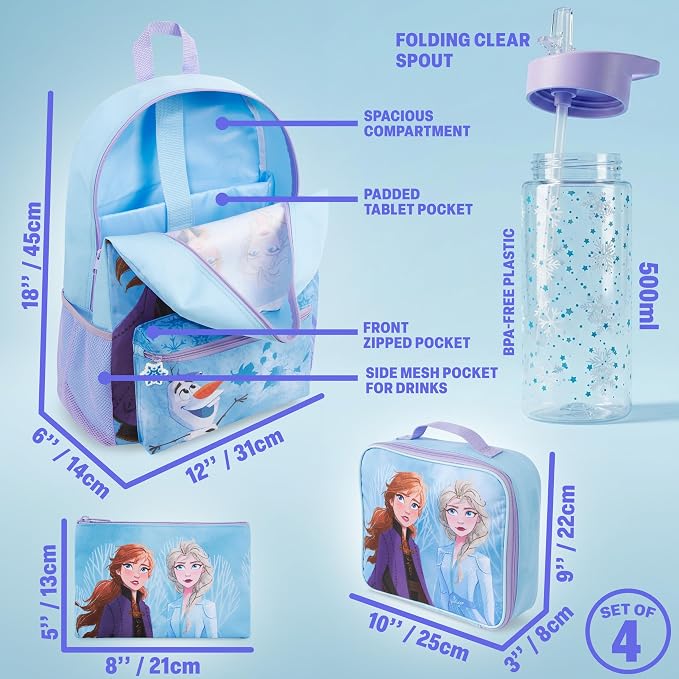 Get Trend Disney Frozen Kids Backpack 4 Piece Set | 18 inch Bookbag, Insulated Lunch Bag, Zipped Pencil Case & BPA-Free Water Bottle, School, Travel, Elsa Anna Gifts for Girls - Image 3