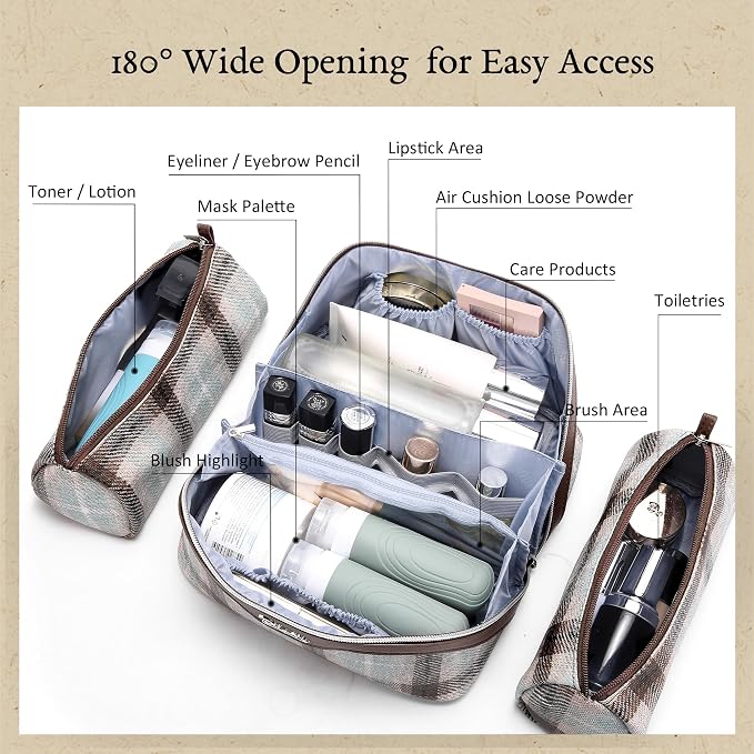BOYATU Travel Makeup Bag for Women: Scottish Plaid 3 Pcs Set Cosmetic Organizer Bag - 180° Open Large Spacious Holds 50% More Cosmetics - Waterproof Leather Checkered Toiletry Bag (03-Beige) - Image 6