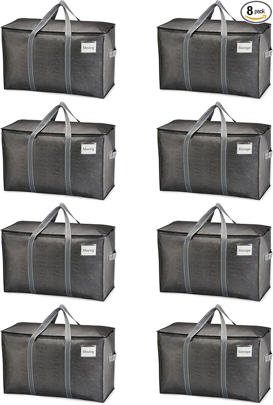 VENO 8 Pack Heavy Duty Moving Bags, Extra Large Storage Bags with Reinforced Handles & Strong Zippers, Foldable & Reusable Moving Box Alternative for Clothes & Dorm Storage by Veno