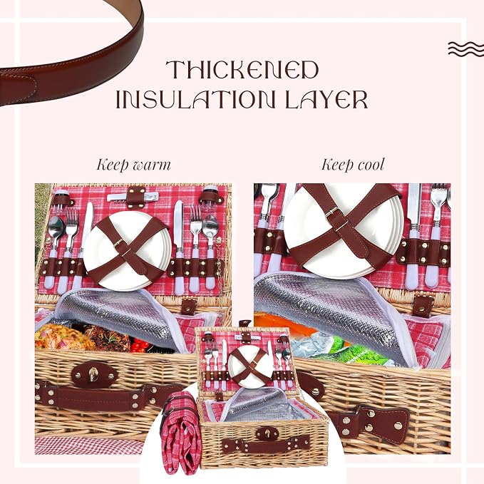 Picnic Baskets Wicker Willow Picnic Set for 4 Persons with Insulated Cooler Bag and Waterproof Pink Plaid Picnic Blanket Gift for Christmas Thanksgiving Wedding Birthday Camp Outdoor Beach Travel - Image 6