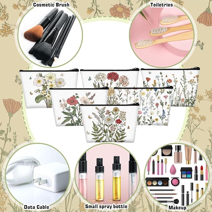 Sweetude 12 Pcs Flower Makeup Bags Bulk Portable Travel Cosmetic Bags with Zipper Wildflower Floral Waterproof Roomy Travel Toiletry Organizer Storage Pouch for Women Birthday Party Gifts - Image 4