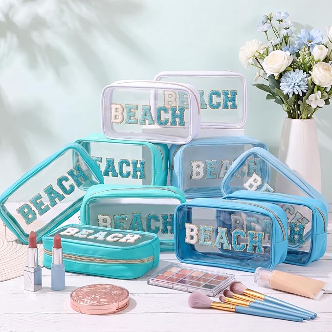 Kacctyen 10 Pcs Beach Clear Makeup Bags with Zipper in 5 Assorted Colors, Chenille Letter Sunscreen Bags Bulk, Waterproof Clear Toiletry Bag for Women Beach Pool Trip & Summer Birthday Party Favors - Image 6