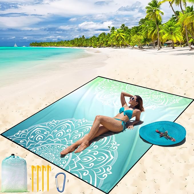 WIWIGO Beach Blanket Waterproof Sandproof Beach Mat 79" X 83"/10'x9'for 2-8 Adults Quick Drying Outdoor Picnic Mat Beach Accessories for Travel, Camping, Hiking by WIWIGO