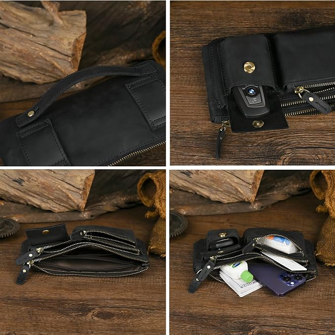 Water Resistant Canvas + Leather Hiking Riding Travel Fanny Waist Pack Small Phone Pouch For Men Women FB811-29 (100% Leather-Thick Black) - Image 6