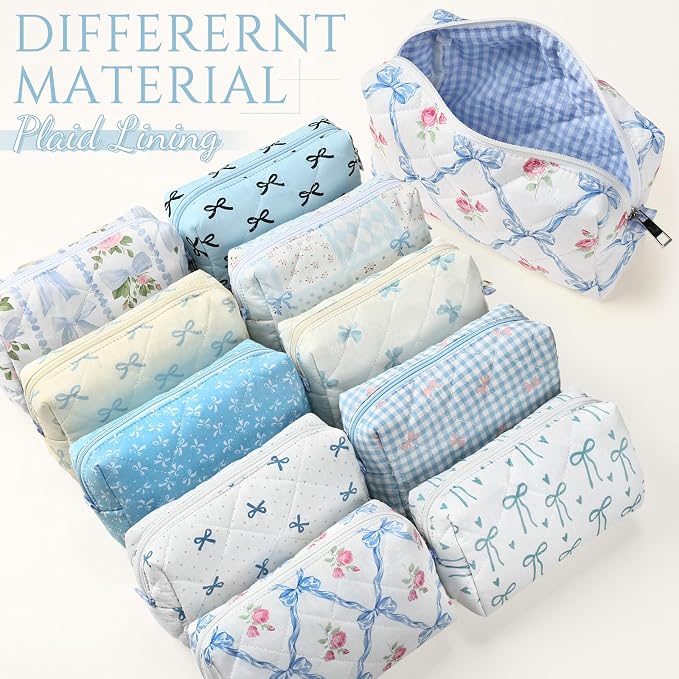 Paterr 10 Pcs Quilted Makeup Bag Bulk Cotton Floral Cosmetic Bag Women Girls Bridesmaid Gifts Cute Makeup Pouch Coquette Aesthetic Travel Toiletry Organizer(Blue Bow,6.30 x 3.94 Inches) - Image 2
