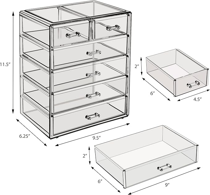 Sorbus Acrylic Makeup Organizer Set, 6-Drawer Vanity & Countertop Cosmetic Storage with Small & Wide Drawers, Black Jewel Makeup Storage for Brushes, Lipsticks, Jewelry, Holiday Gift for Women & Teens - Image 3