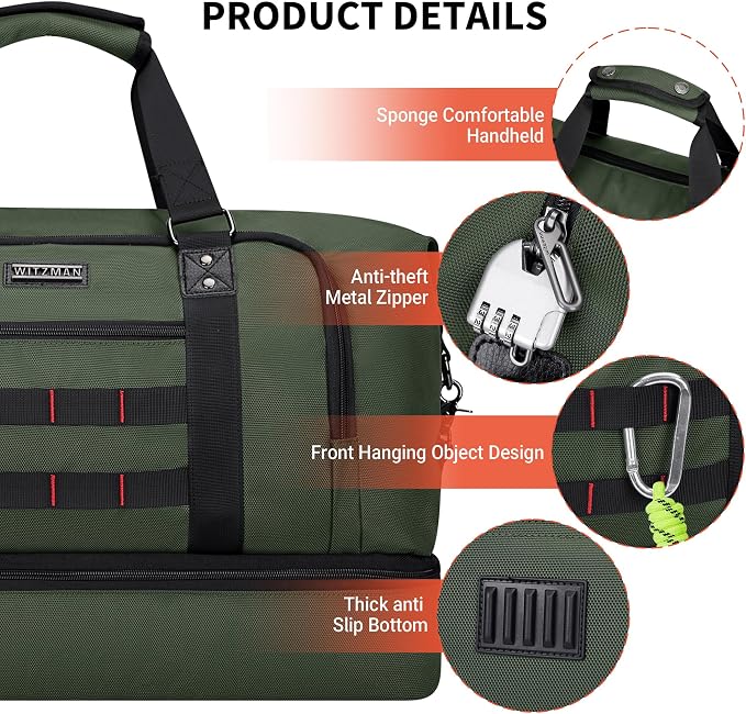 WITZMAN Nylon Duffle Bag for Men 55L with Toiletry Bag Sets Overnight Bag | Multi-pockets with Shoe Compartment and Dry-wet Pocket, Carry On, Convertible for Gym, Overnight, Sports, B696 Army Green - Image 7