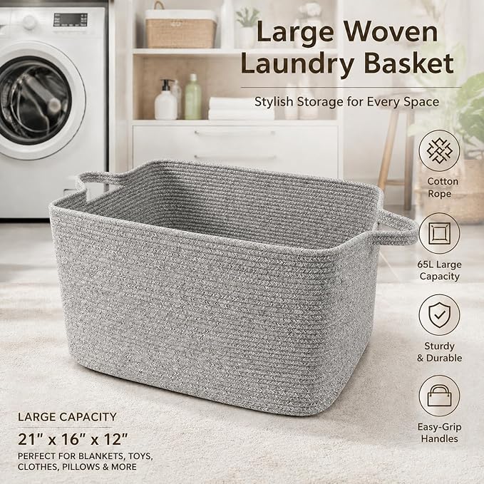 65L Collapsible Woven Rope Laundry Basket with Handles, Grey | 21x16x12 Foldable Rectangular Blanket Basket for Toys, Clothes & Pillows,Ideal for Nursery, Bathroom, Bedroom, Living Room - Image 4