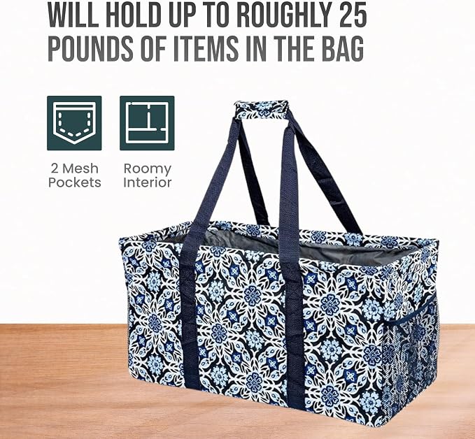 Extra Large Utility Tote Bag - Oversized Collapsible Reusable Wire Frame Rectangular Canvas Basket With Two Exterior Pockets For Beach, Pool, Laundry, Car Trunk, Storage - Blue Snowflake - Image 5