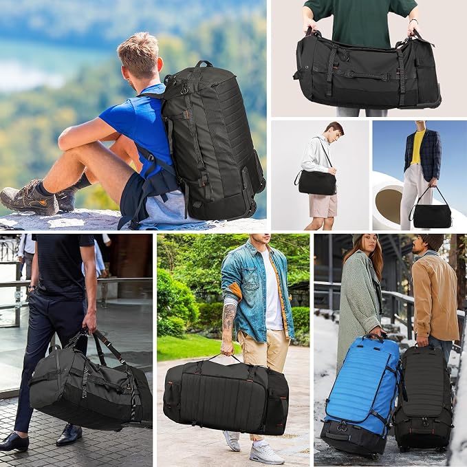 Vomgomfom 86L Foldable Duffle Bag with Wheels - Waterproof Rolling Travel Bag, Collapsible Luggage No Telescopic Handle, for Men Women Camping Sports Weekend Trips,Black - Image 2