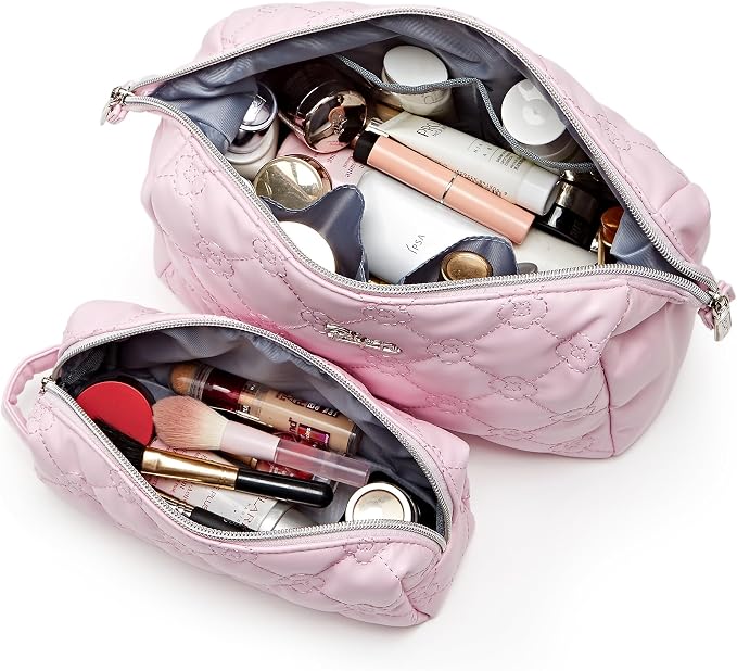 BOYATU Travel Makeup Bag Cosmetic Pouch: 2 Pcs Set Waterproof Vegan Leather Cosmetic Bags for Women - Cute Quilted Skincare Make up Toiletry Bag for Girl (01-Pink) - Image 2
