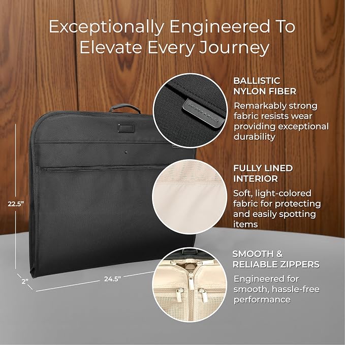 Briggs & Riley Classic Garment Bag for Hanging Clothes - Suit & Dress Travel Bag for Men & Women, Wrinkle Reducing Luggage for Shirts, Tuxedos, & Coats, Smooth Zipper - Baseline Collection, Black - Image 2