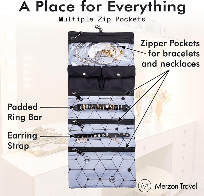 The Diamond Jewelry Roll from, Foldable Travel Jewelry Organizer with Slim Roll Design, Secure Storage for Rings, Necklaces, Earrings, and Bracelets, Sturdy Nylon, HNG-731-BLK, Black - Image 4