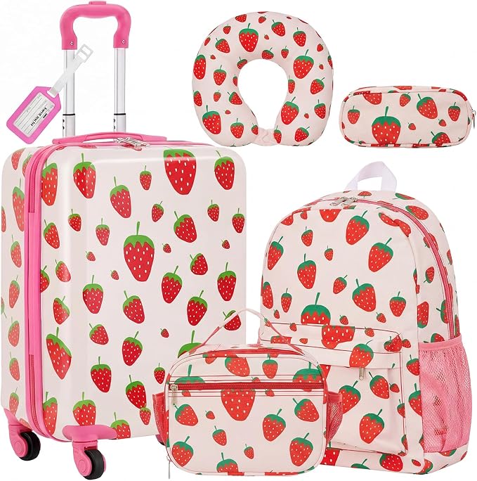 Redbaker 6 Pcs Kids Luggage Set, 17 Inch Rolling Suitcase with Backpack Lunch Bag Neck Pillow, Pink Strawberry Travel Set for Summer Vacation Sleepover Back to School Gift by Redbaker