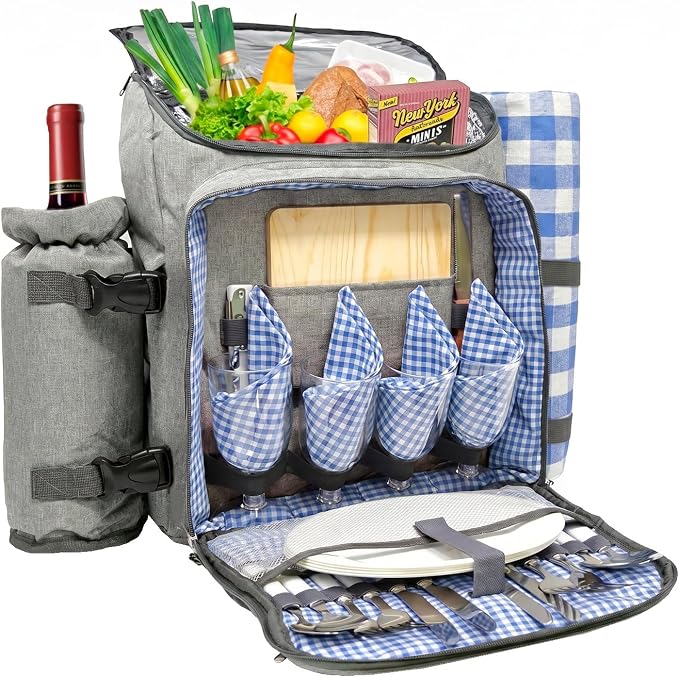 Nature Gear Picnic Backpack for 4, Insulated Picnic Set with Dinnerware, Wine Cooler, Blanket & Cutlery Service, Waterproof Outdoor Bag for Beach, Camping, Travel & Park, Blue by NatureGear