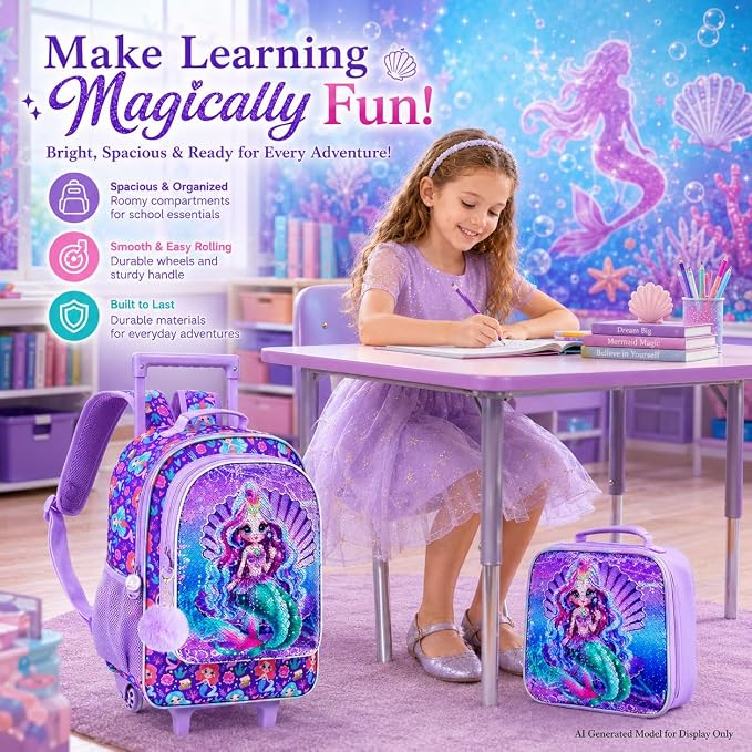 AGSDON 3PCS Rolling Backpack for Girls Boys, Kids Roller Wheels Bookbag, Wheeled School Bag with Lunch Bag - Image 9