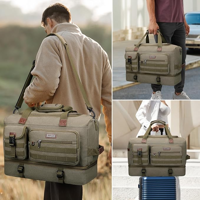 WITZMAN Duffle Bag for Men 50L Travel Canvas Weekender with Toiletry Bag | With Shoe Compartment and Dry-wet Pocket, Convertible, Carry On, One Duffel for Gym, Sports, Overnight, A8010/2 Army Green - Image 2