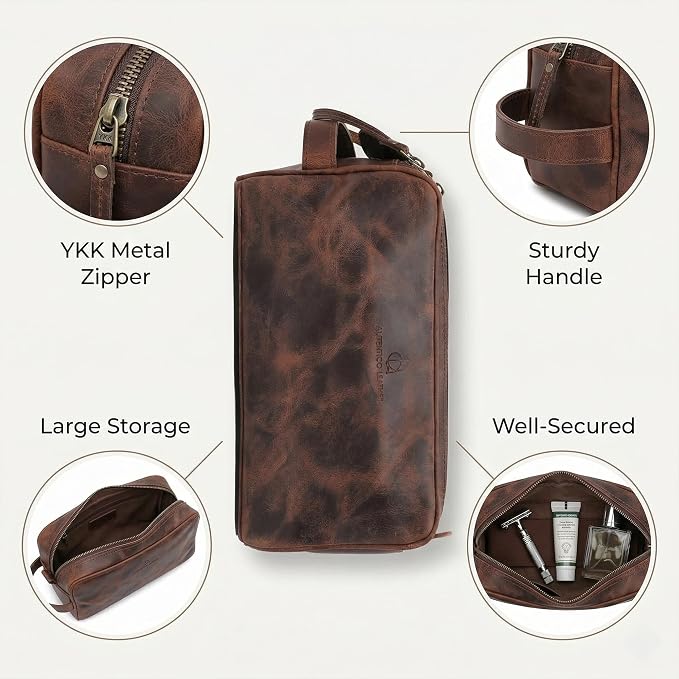 Toiletry Bag for Men – Genuine Leather Dopp Kit, Travel Organizer for Grooming Essentials, Large Shaving Kit Pouch, Durable Dark Brown Gift for Men - Image 3