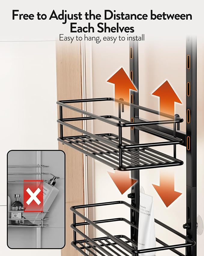 Orimade Over the Door Shower Caddy Adjustable 5 Tier Black,Bathroom Hanging Organizer Shelf Rustproof with 4 Hooks,Shower Basket with Soap Holder and Suction Cup - Image 2