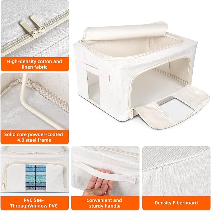 Foldable Clothes Storage Bins with Solid core powder-coated steel fram, 24/ 66L Storage Bags Fabric Box Organizer with Clear Window Zippers Sturdy Handles 2 Pack (Beige, 24L 2Pack) - Image 3