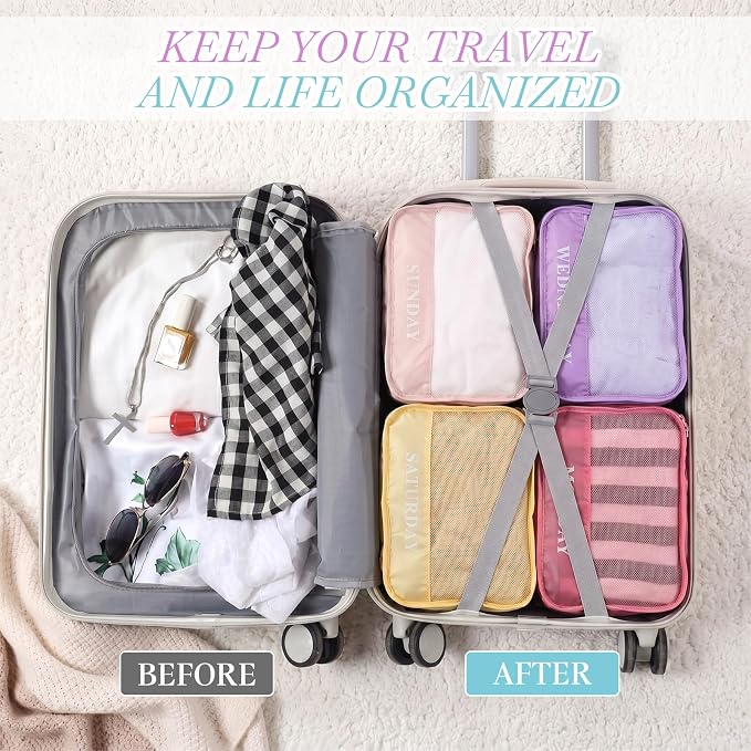 Days of Week Packing Cubes Summer Camp Essentials Weekly Organizer Storage Bag School Clothes for Travel Kids Family(12x9x5inch,Macaron,15) - Image 4