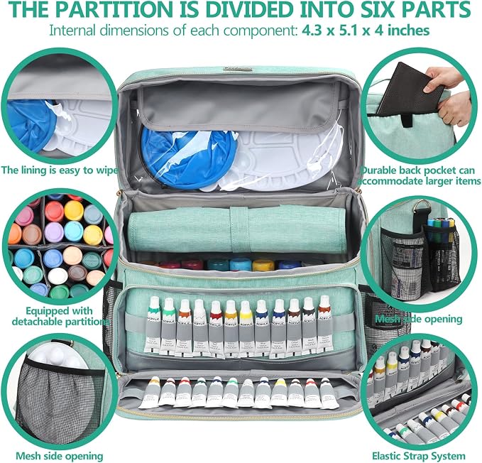 Art Supplies Organizer Storage Bag with Detachable Paint Brush Holder & Partition - Carrying Case for Home/Travel/Outdoor Fits Marks, Acrylic Paint, Palettes, Folding Buckets, Portfolios (Pro Green) - Image 3
