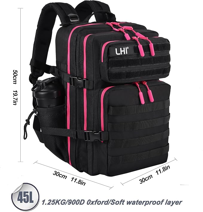 LHI Military Tactical Backpack for Men and Women 45L Army 3 Days Assault Pack Bag Large Rucksack with Molle System - Black with red zipper - Image 3