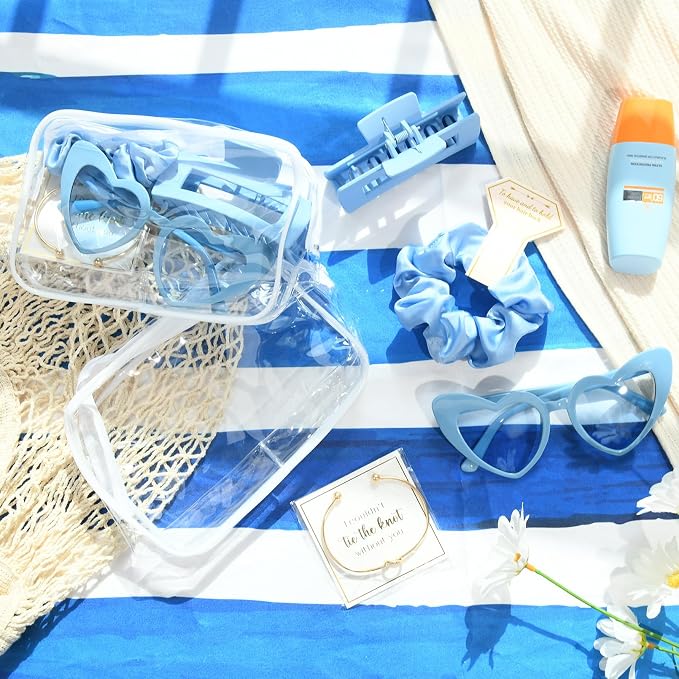 DEEKA 5 Pcs Bridesmaid Proposal Bag Set Gift Clear Makeup Toiletry Bag Bachelorette Party Favors Sunglasses Hair Claw Clips Scrunchies Knot Bracelets Bridal Wedding Party Gifts (Blue) - Image 5