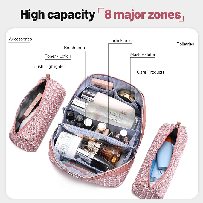 BOYATU Travel Makeup Bag Cosmetic Bags for Women: Large Capacity 3 Pcs Set Make up Bag with Compartments - Waterproof Vegan Leather Toiletry Organizer Bags with Handle (M-79Pink) - Image 4