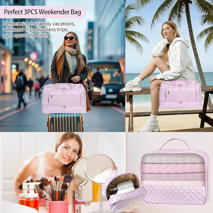 Wogarl 3PCS Weekender Bags for Women Large Overnight Bag Weekend Travel Duffel Bag Carry on Shoulder with Shoe Compartment Canvas Toiletry Bag for Travel Business Gym,Pastel Pink - Image 5