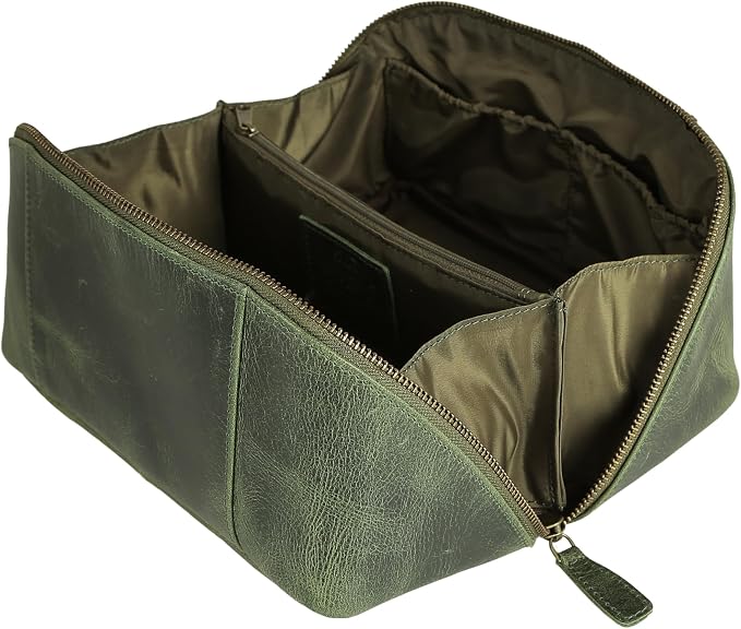 KomalC Luxury Leather Men’s Toiletry Travel Bag – Handmade Shaving Kit with Waterproof Interior, Spacious Storage & Carry Handle – leather travel Kit Bag for Men & Women (Green) - Image 2